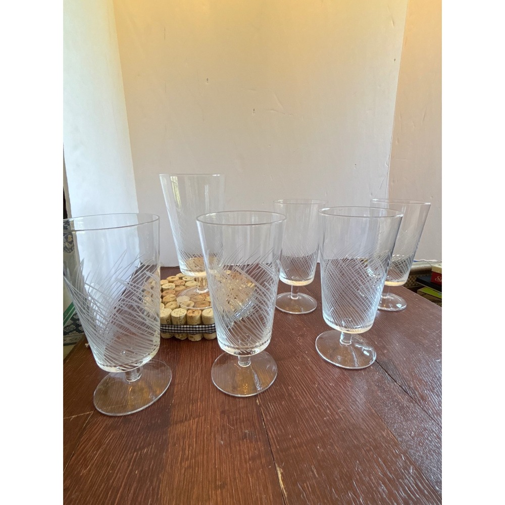 Pier 1 Etched Reed Footed Glasses Set of 6 Clear Glass Iced Tea Water Goblets 7"